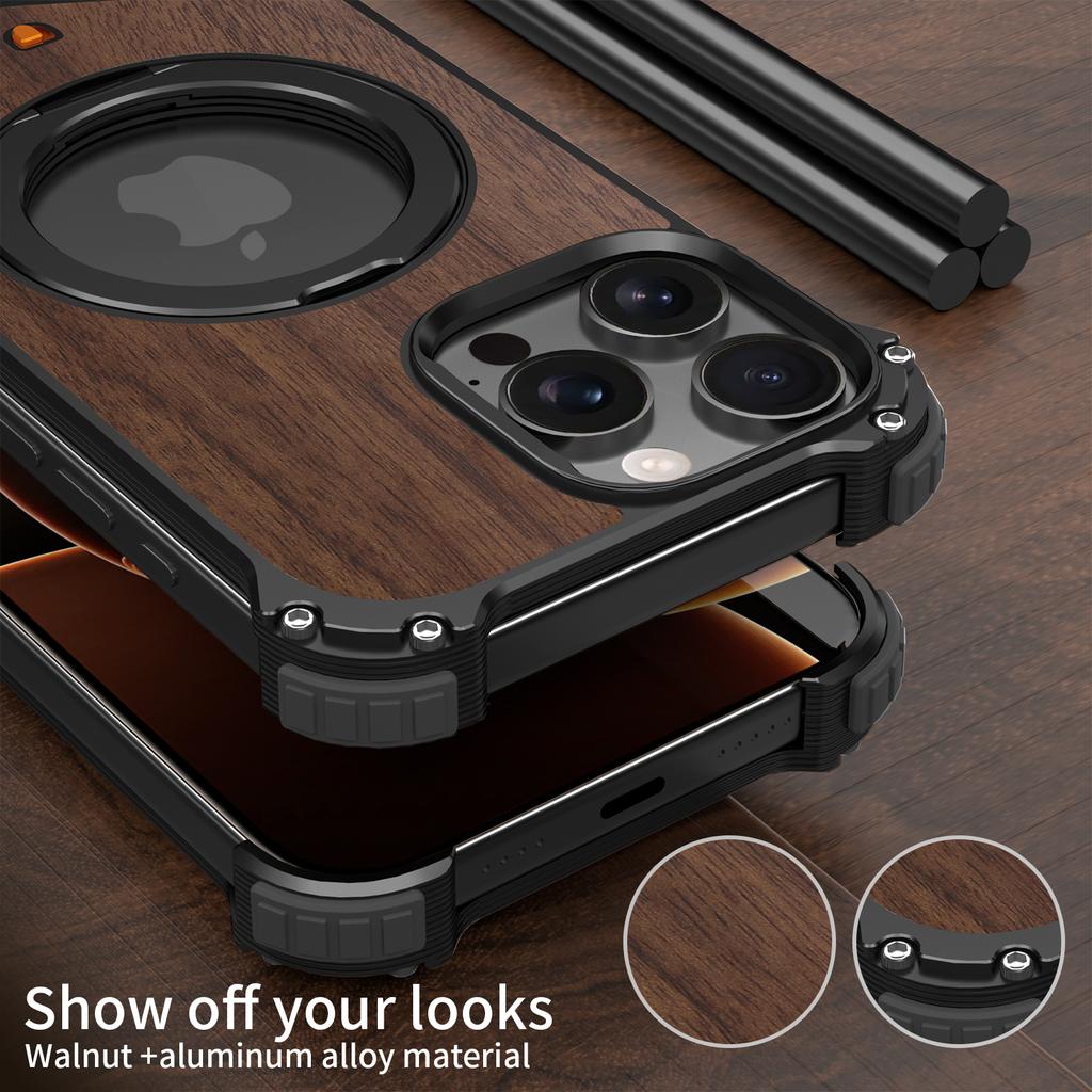 For iPhone 15 Pro Max Magnetic Case Wood Covered Metal Boardless Phone Back Cover with Kickstand