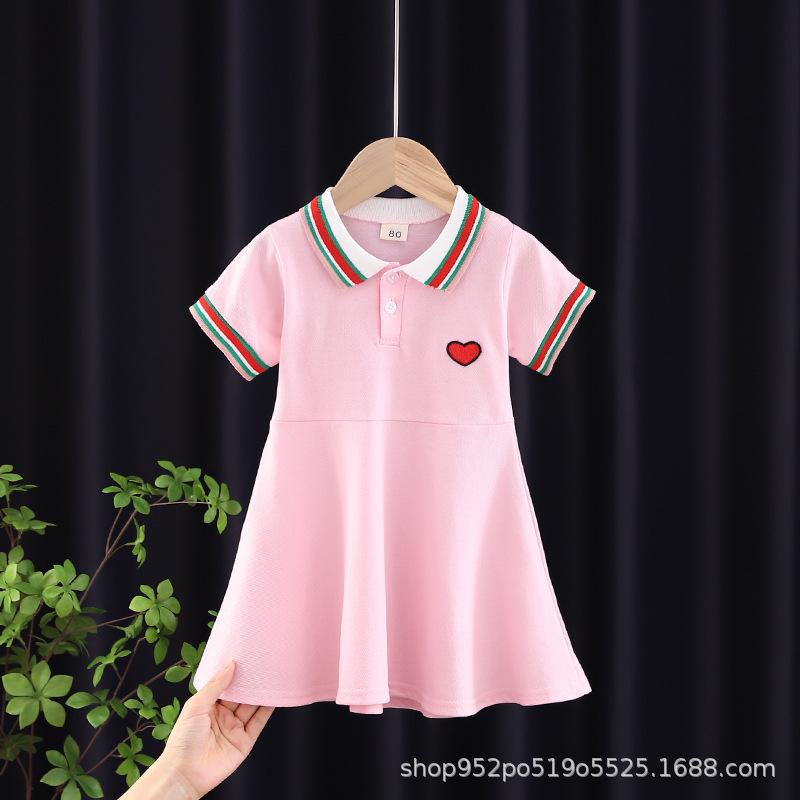 Стильное летнее платье для девочек ясельного возраста (1-3 года) - Юбка в складку, с короткими рукавами и полосатым лацканом