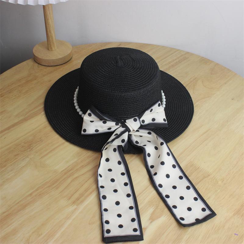 Straw Hat Summer Sun Hat Elegant Polka Dot Streamer Pearl Flat Top Hat Travel Small Fresh Sun Hat