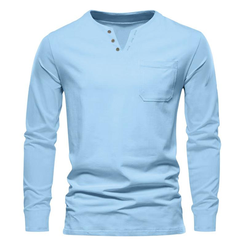 Мужская однотонная осенняя футболка с карманом на пуговицах и v-образным вырезом, мужские белые, черные базовые топы, футболки с длинными рукавами