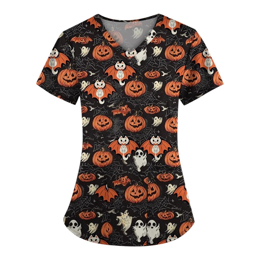 Плюс размерСкраб с принтом Рабочая форма Топы для женщин Крест V-образным вырезом Хэллоуин Принт с короткими рукавами Забавные футболки Спецодежда Футболка с карманами