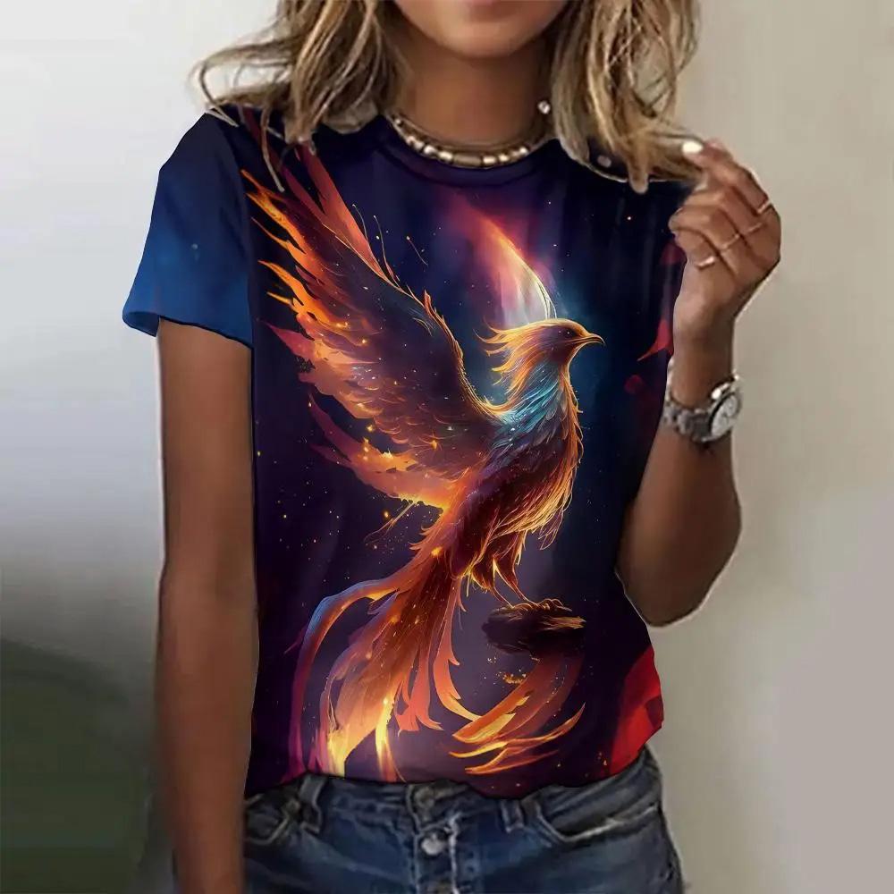 Летняя женская футболка с модным узором «Феникс», топ с короткими рукавами, свободный топ с круглым вырезом, женская футболка для вечеринок