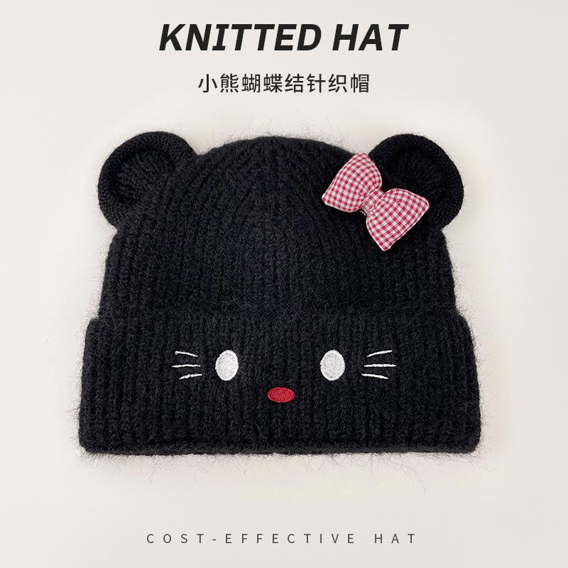 Fleece thickened cold-proof cat ear hat women's autumn and winter windproof wool hat warm ear protection small knitted hat