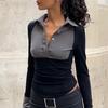 Women Shirt Half-opening Color Matching Buttoned Turn-down Collar Slim Blouse Stripe Slit Cuffs
