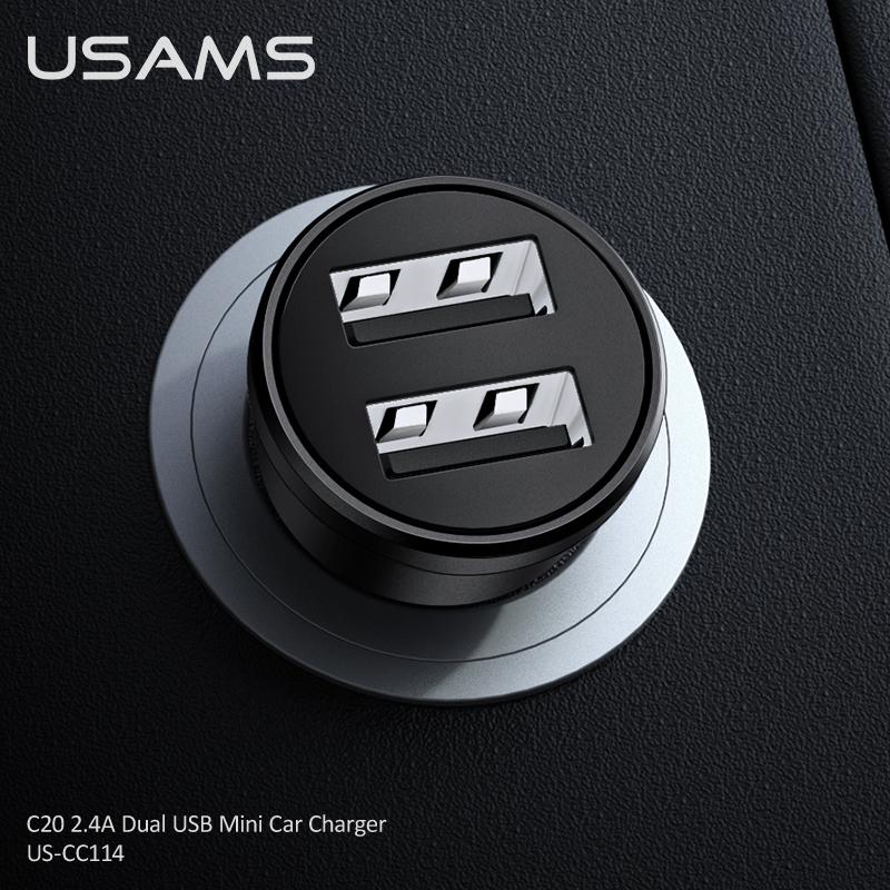 USAMS 2.4A 5V Dual USB Автомобильное зарядное устройство USB 2 порта Адаптер прикуривателя Зарядное устройство Мини-адаптер питания для смартфонов IPhone IPad Huawei Samsung Xiaomi
