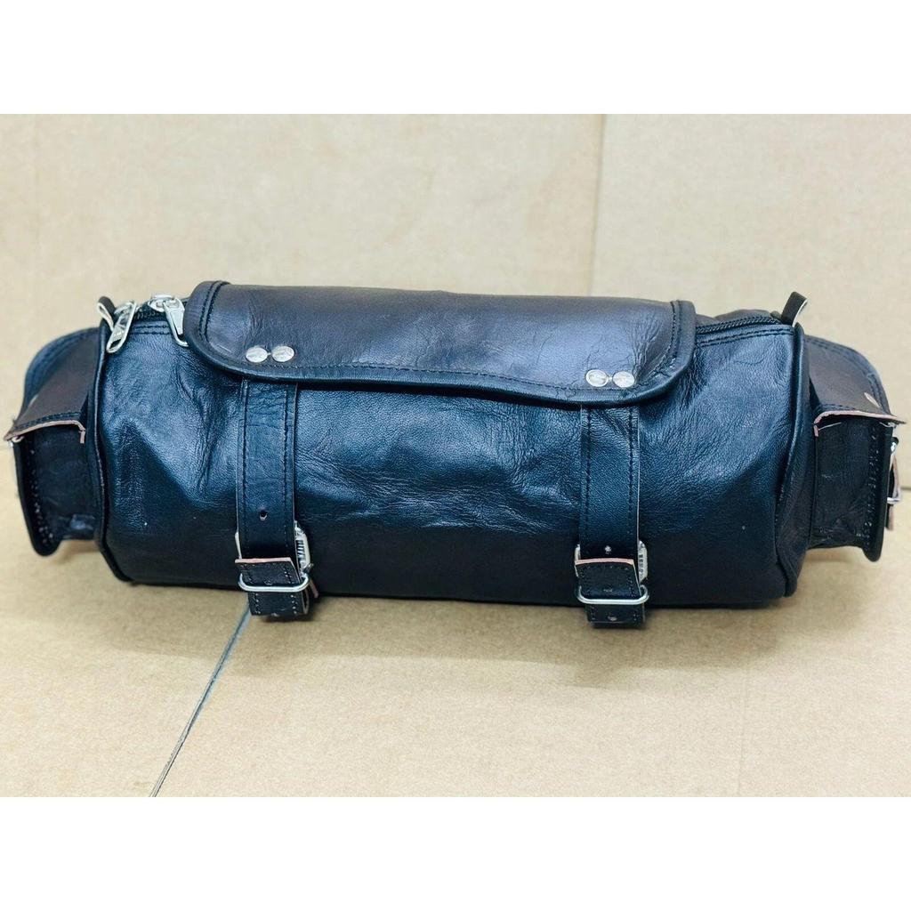 Tool Bag Motorcycle Leather Pouch Goat Strap Buckle Closure Roll Saddle Luggage