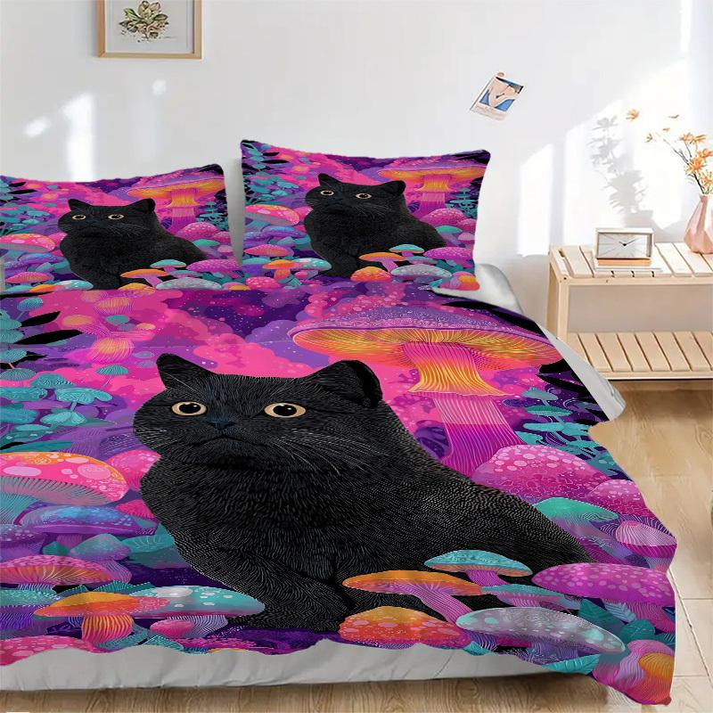 3pcs bedding set Mushroom Fantasy Cat Includes 1 Comforter + 2 Pillowcases, Without Pillow Inserts, Soft Comfortable, Lightweight Breathable027