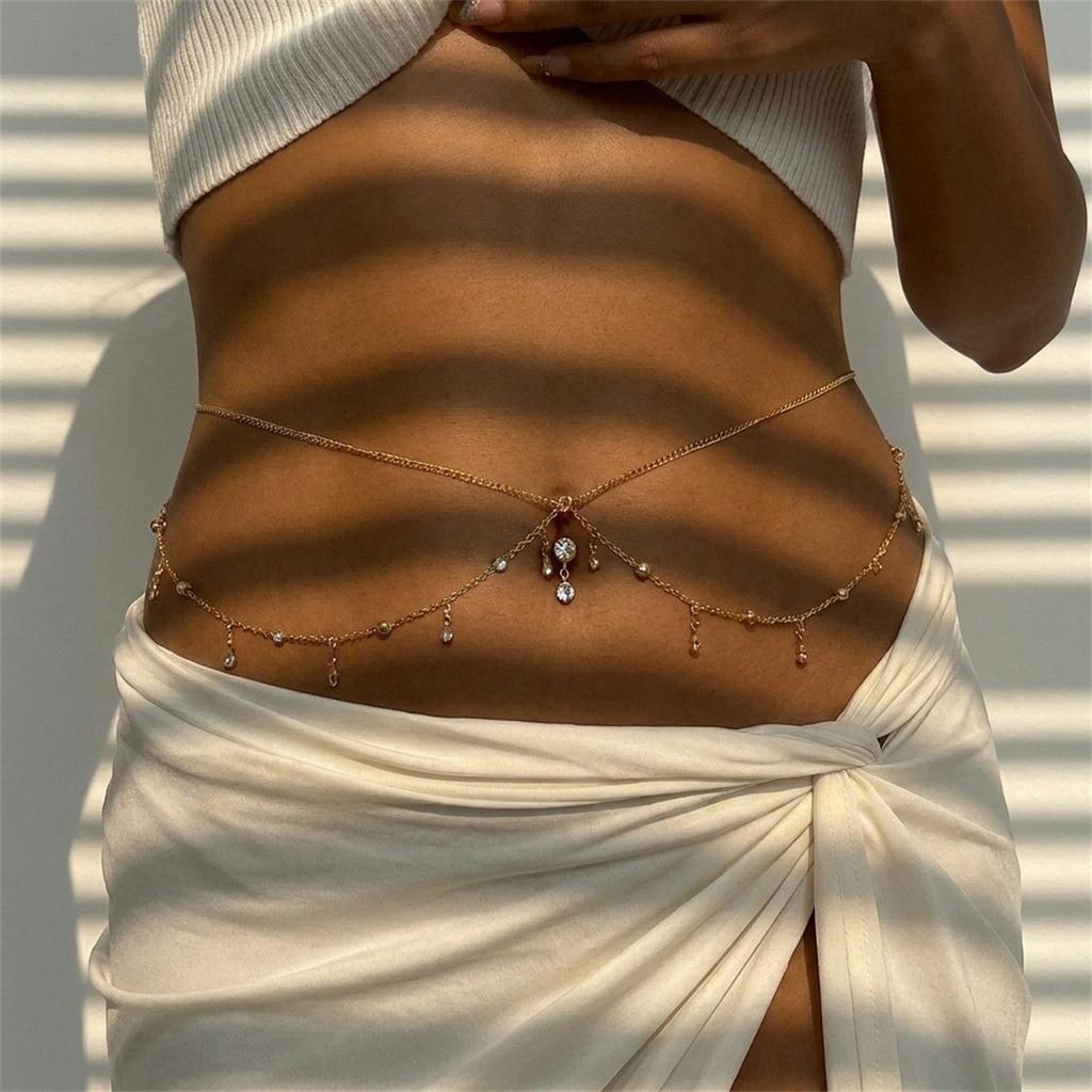 Double Layer Crisscross Cubic Zirconia Chain Navel Ring Waist Chain for Women Gold Tone Adjustable Body Chain Belly Jewelry