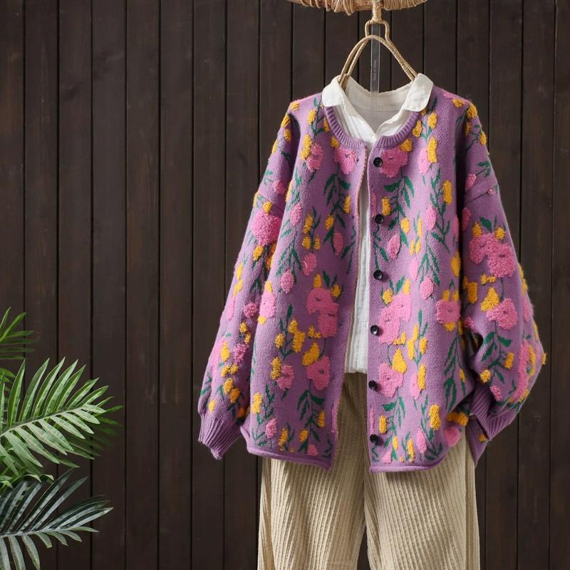 DIMANAF 2025 Цветочные свитера Кардиган Осень Женские с принтом С круглым вырезом Свитера Вязаные Свободные Черный свитер