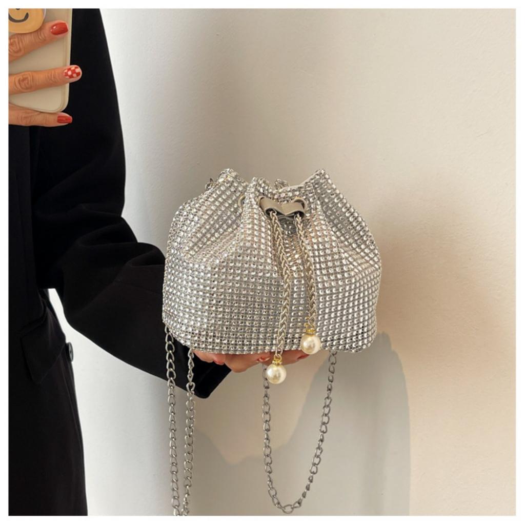 Bucket Bag Korean Version Western Style Chain Shoulder Crossbody, Armpit Water Drill Drawstring Bag