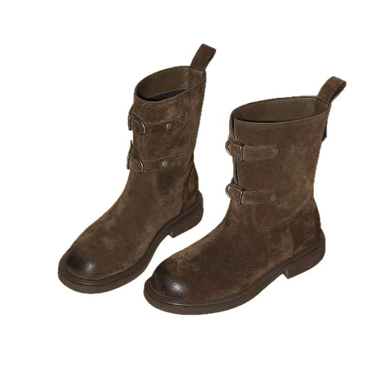 Sheepskin version~ Maillard Lazy Wind Belt Buckle Rub Color Round Head Western Cowboy Boots Women's Coarse Heel Short Boots Martin Boots