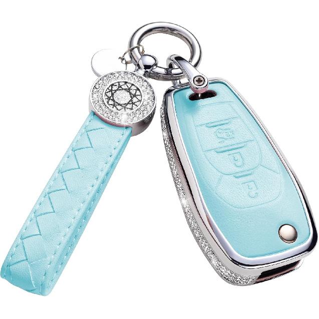 for Volvo Key Fob Cover with Keychain, Blue Leather Rhinestone Key Case Protection Shell Compatible with XC90, XC60, XC40, S60, S90, V60, V90,