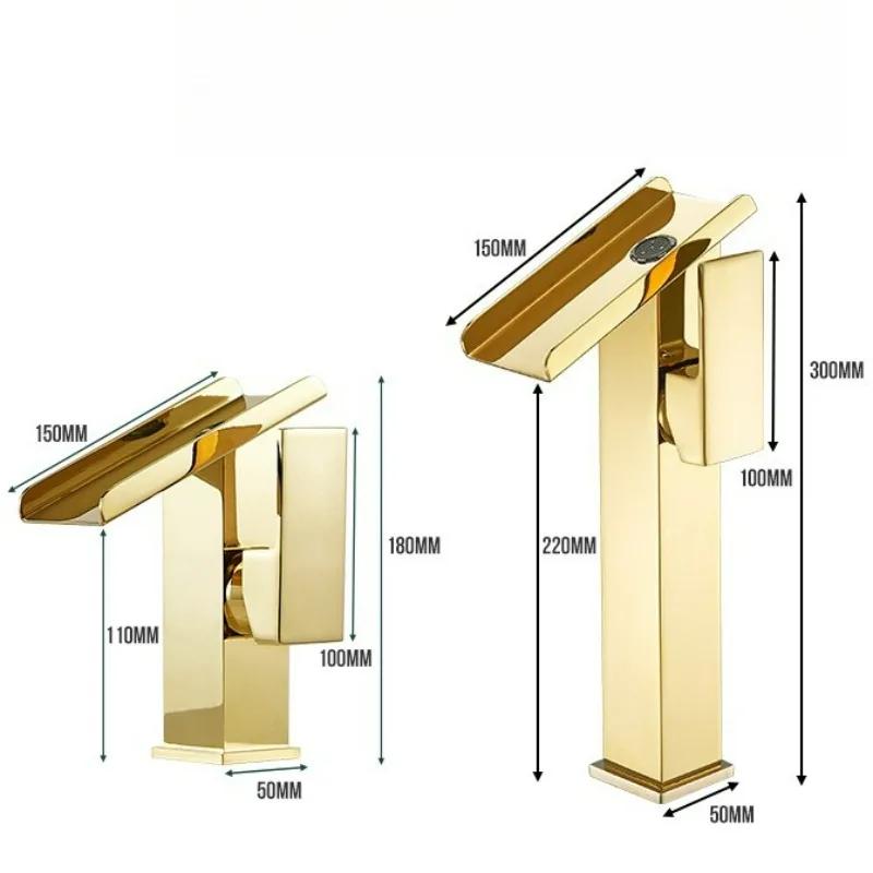 Gold Copper Bathroom Sink Faucets Waterfall Deck Mounted Crane Hot Cold Water Mixer Tap for Hotel Toilet Home Decor