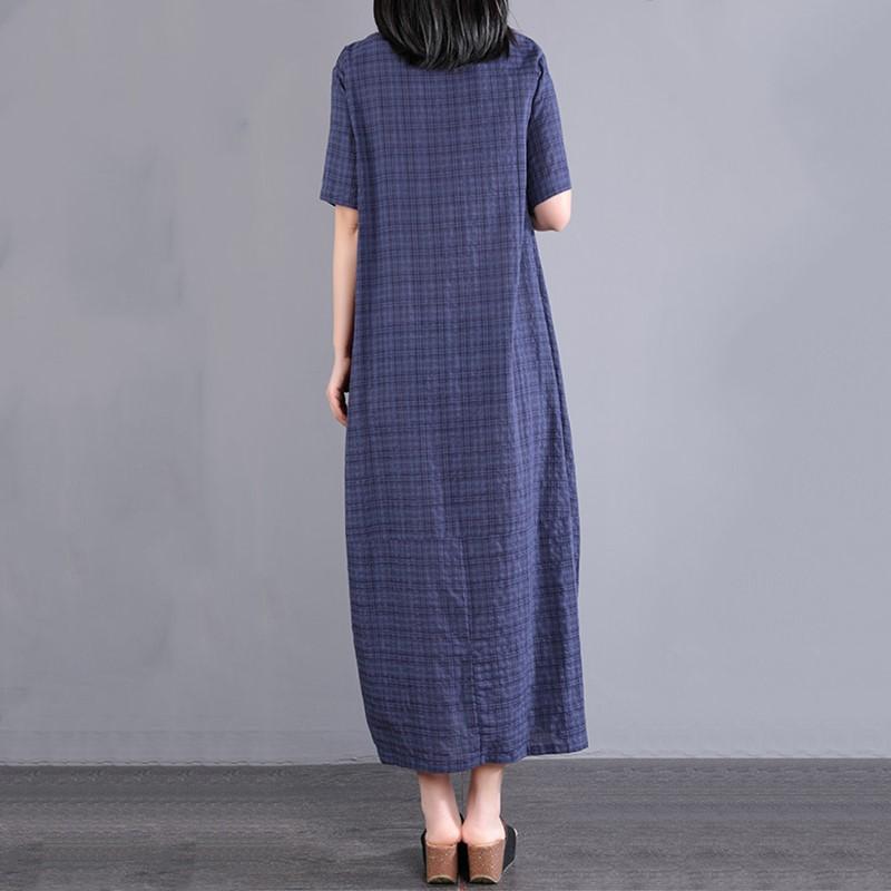 Новое хлопковое винтажное клетчатое платье больших размеров с коротким рукавом для женщин, повседневное свободное длинное летнее платье