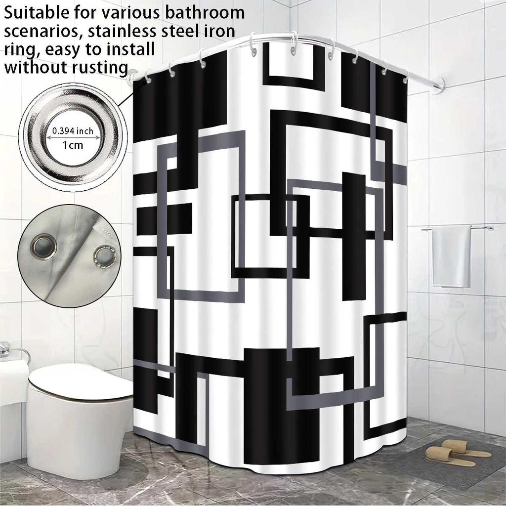 1pc Black and White Abstract Geometry Shower Curtain,with 12 Hooks,Machine Washable, for Shower Partition and Privacy Protecti