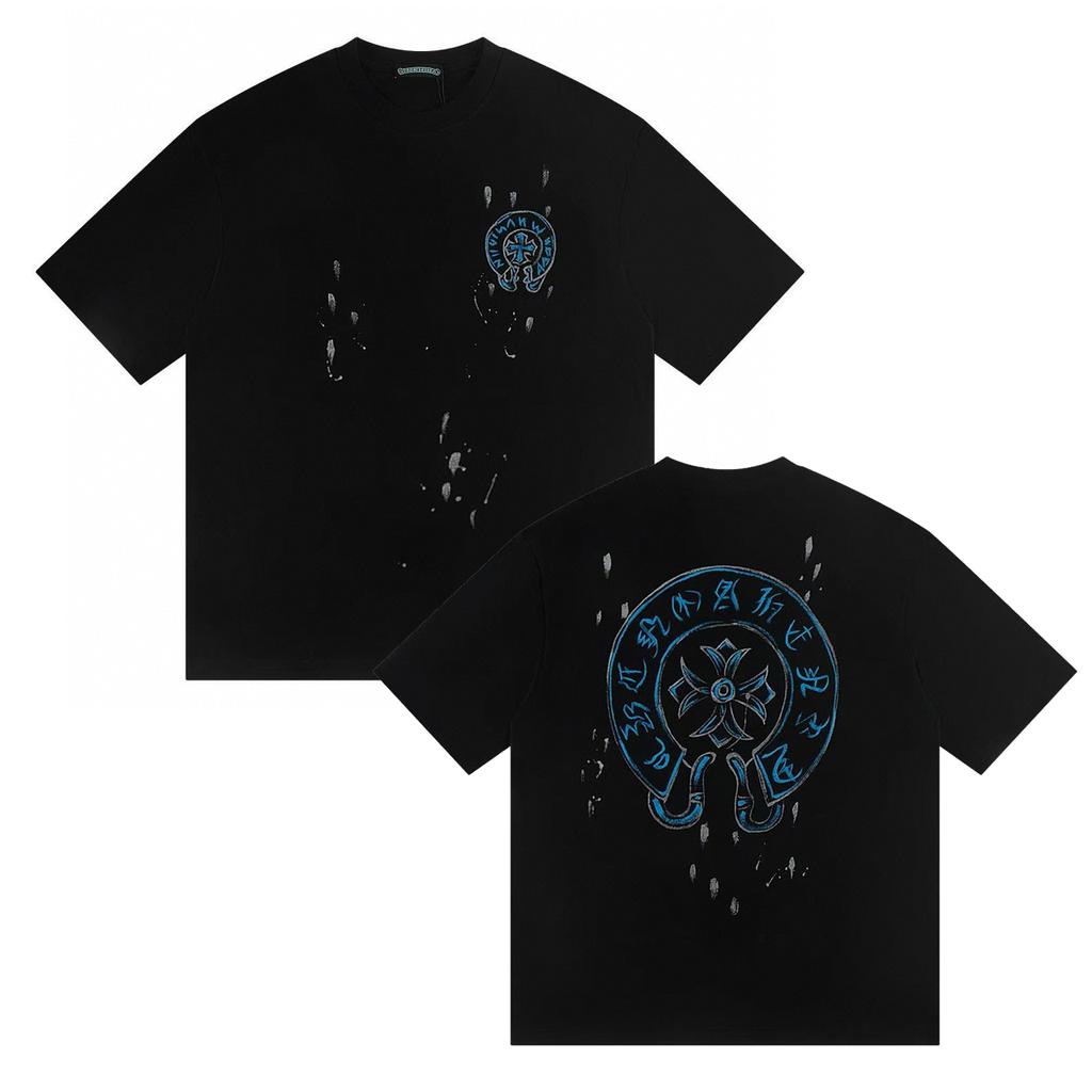 W391 CHROME HEARTS Лето 2026 Новая Высококачественная Хлопковая Круглый Вырез Свободная Большого Размера Футболка Парная Футболка