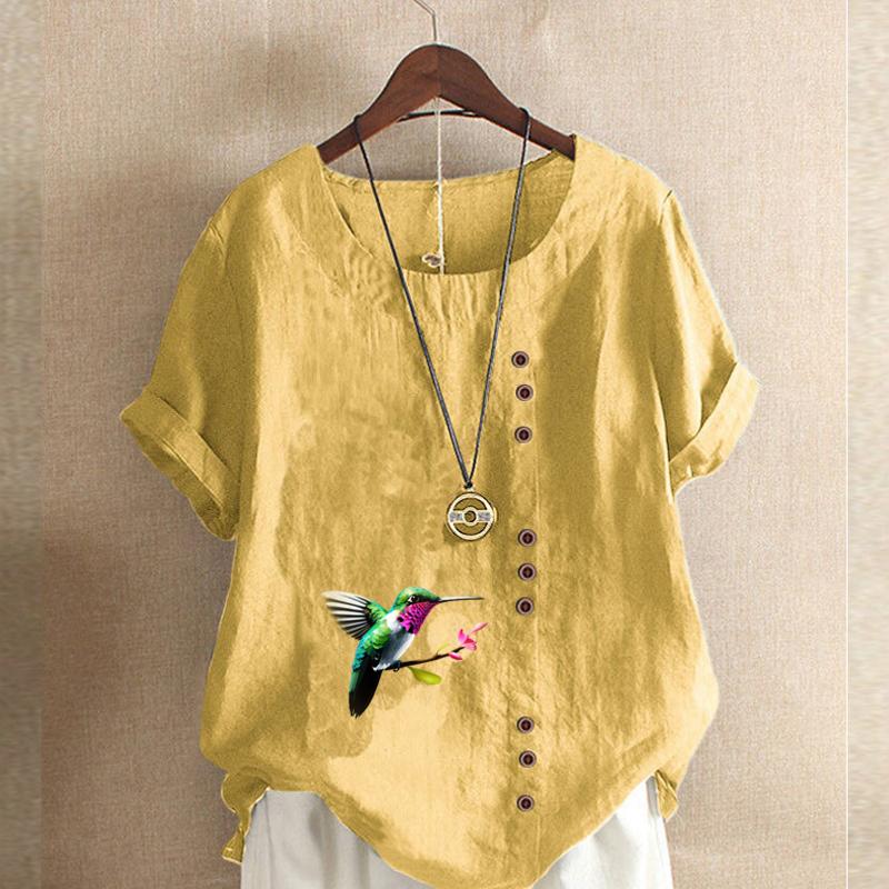 Women's Fashion Round Neck Short Sleeve T-shirt Casual Cotton Linen Graphic Shirt Bird Prined Summer Blouse Tops Plus Size
