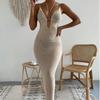 Women's Spaghetti Straps Maxi Dress Coverup See Through Backless Knit Mesh Summer V Neck Beach Dress Bodycon Sleeveless Crochet Long Dress for Women
