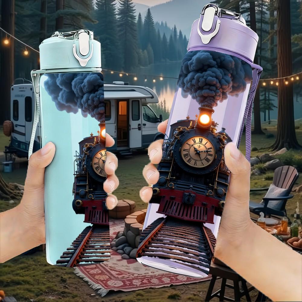 1PC Vintage Steam Train Locomotive Print 750ml Color Plastic Sports Water Bottle Leakproof Flip Straw Lid Suitable for Sports Office Home Use