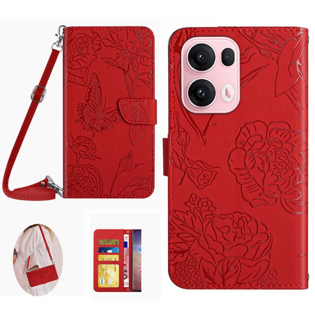 For Oppo Reno13 Pro 5G Case Butterfly Flower Imprint Leather Phone Cover with Shoulder Strap