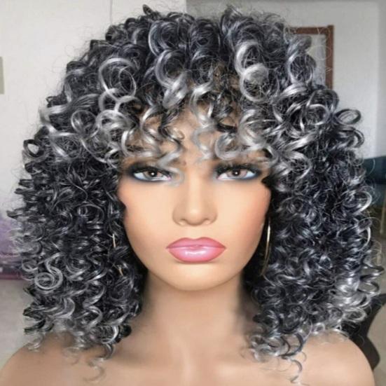 African Women Short Kinky Curly Wigs Silk Hair Natural Look with Bangs High Temperature Wigs Long-Lasting Wear