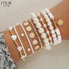 Vintage Daisy Flower Pendant Bracelet Set for Women Bohemian Beaded Enamel Star Heart Pearl Bangles Trendy Jewelry Gifts