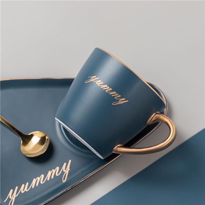 Solid Color Nordic Style Gold Plated Coffee Cup Ceramic Water Cup Mug Breakfast Cup Milk Cup Afternoon Tea Coffee Cup Plate Two Piece Set
