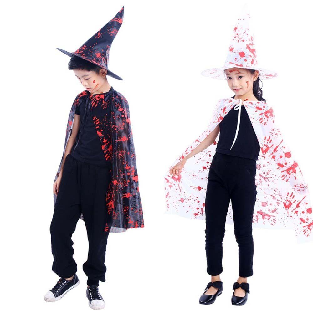 Cosplay Props Witch Cloak Hat Set Blood Printed Horror Cape Halloween Blood Costume  Decoration