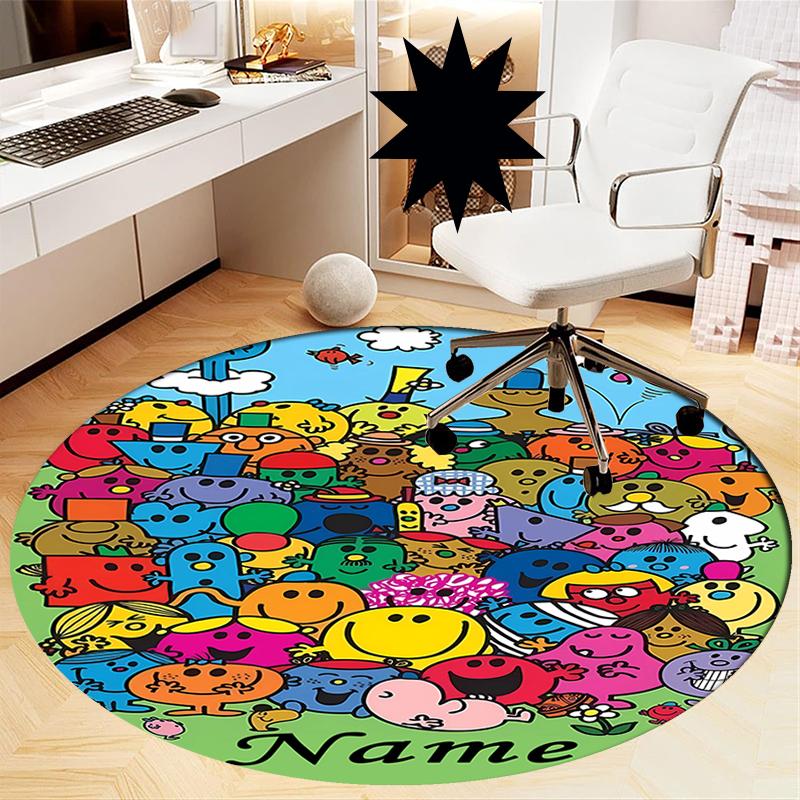 Custom Name Mr. Men and Little Miss Printed Round Rug Carpet Chair Rug Area Rug Entryway Doormats,for Office Chair Living Room Bedroom Kitchen Room.