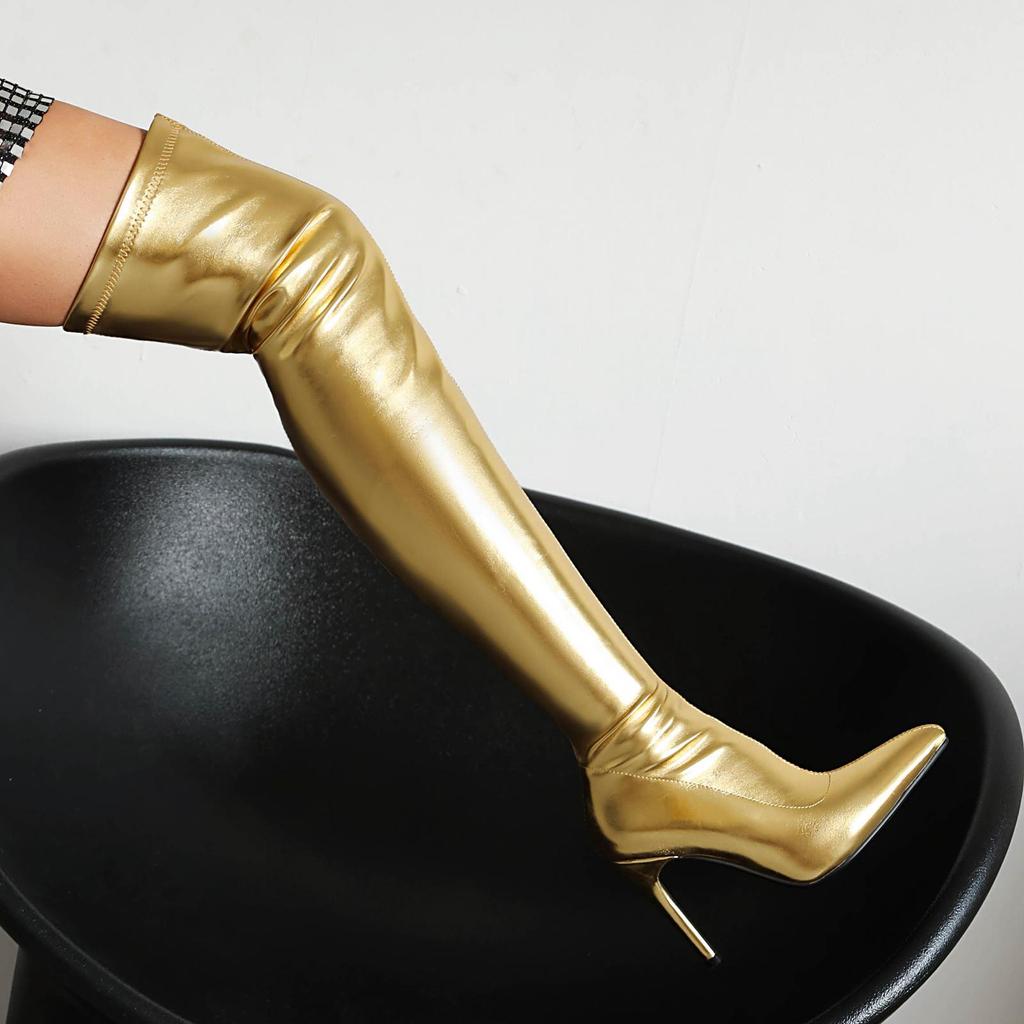 Krazing Pot PU Autumn Winter Shoes Stiletto High Heels Super Size Sexy Stovepipe Boots Pointed Toe Keep Warm Slip On Over-the-knee Boots