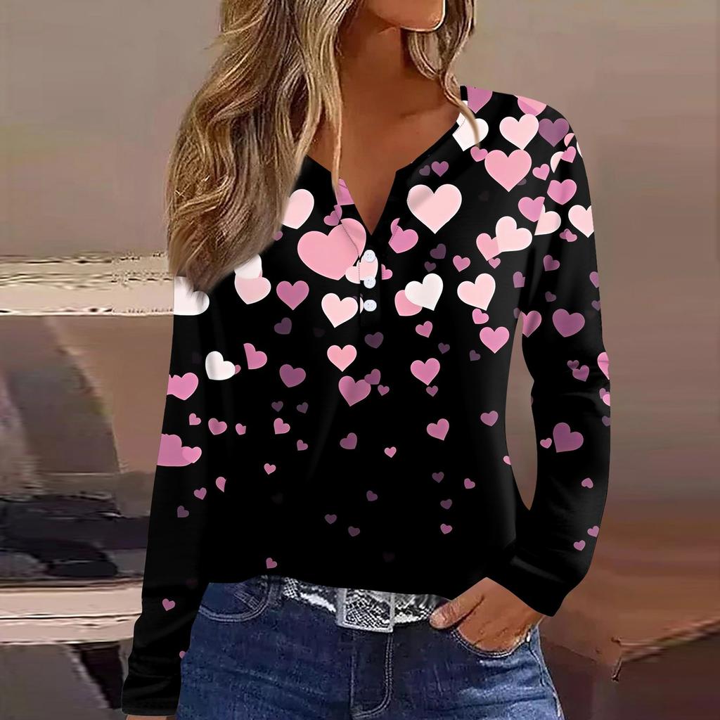 Женская футболка с принтом ко Дню святого Валентина, туника с длинным рукавом и пуговицами, повседневная мода на выходные, базовый топ с V-образным вырезом