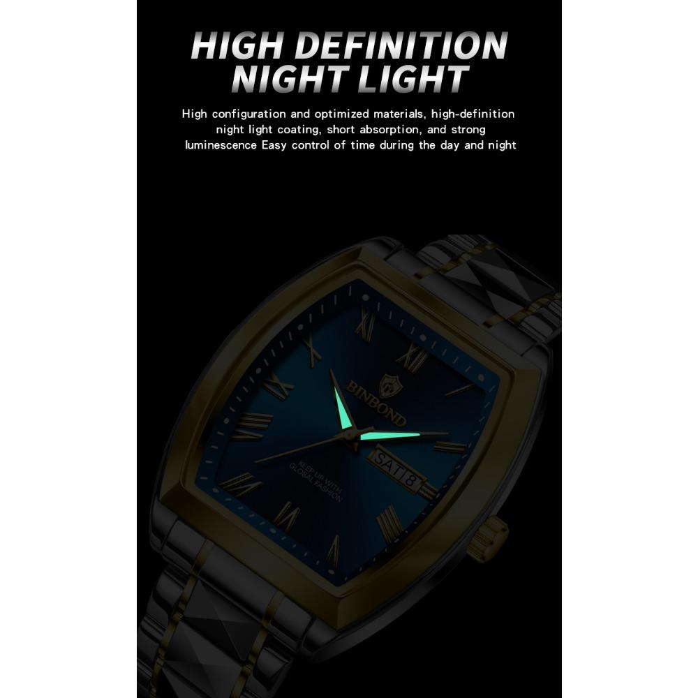 BINBOND B355 Stainless Steel Men Watch Top Quailty Luxury Push Button Hidden Clasp Waterproof Luminous Date Week Sport Men Watch