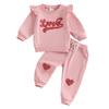 Baby Girl Fall Outfit Flying Long Sleeve O-Neck Letter Heart Sequin Print Tops with Bow Tie Pants