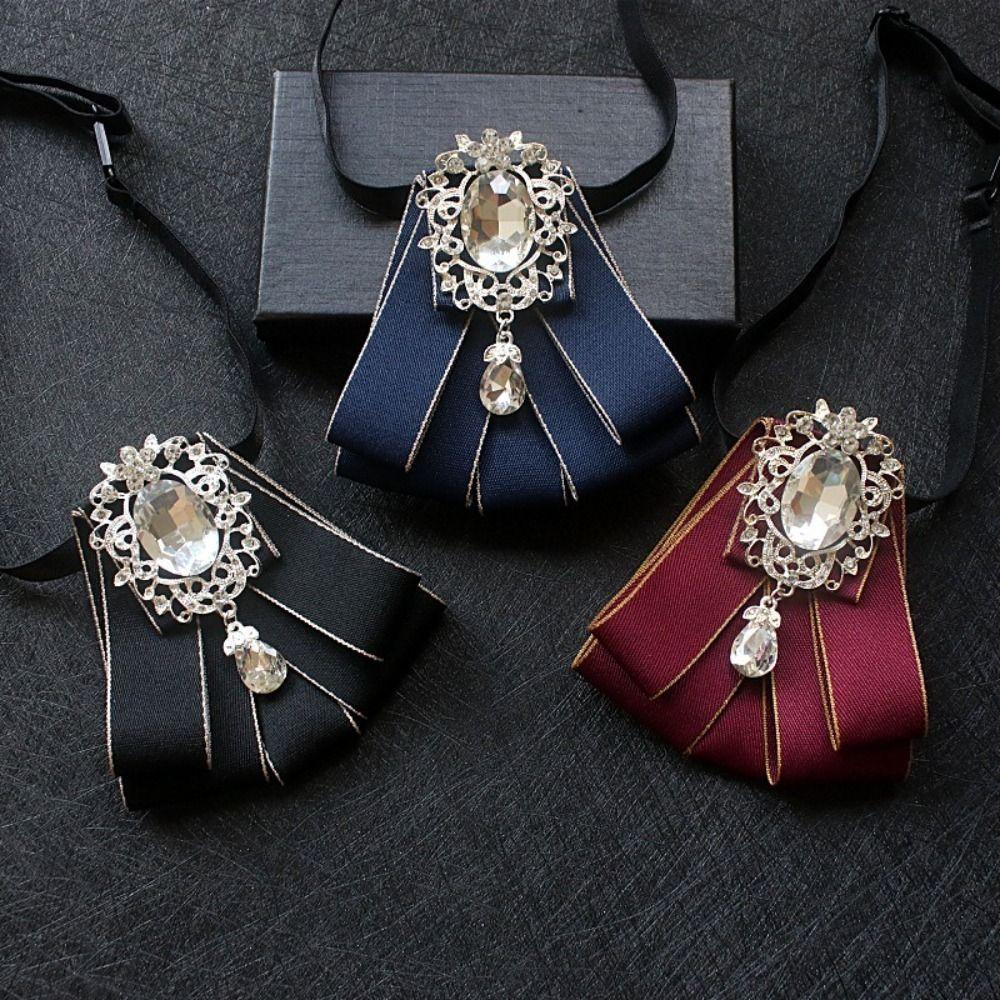 Polyester Rhinestone Bow Tie Solid Color Shirt Collar Luxury Ribbon Bow Tie Daily