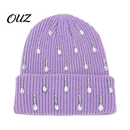 Trendy Knit Caps for Winter Outfits Waterdrop Rhinestone Hat, Bling Stretchy Cuffed Knitted Hat Women Skull Cap Men Cold Weather Daily Wear