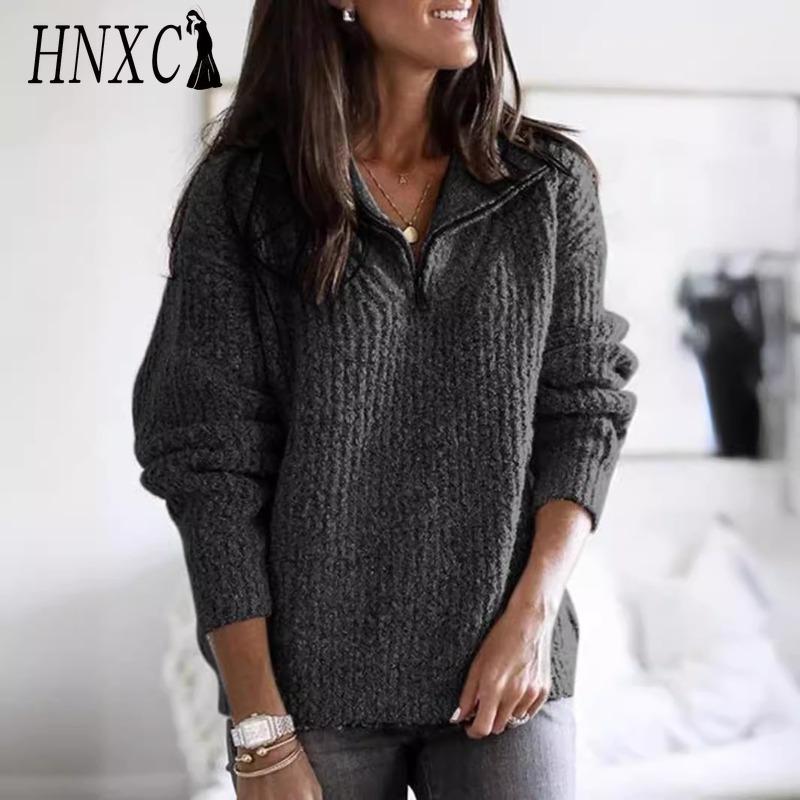 HNXC Женская мода, повседневный однотонный принт, осень-зима, свободные свитера с длинным рукавом и воротником-молнией