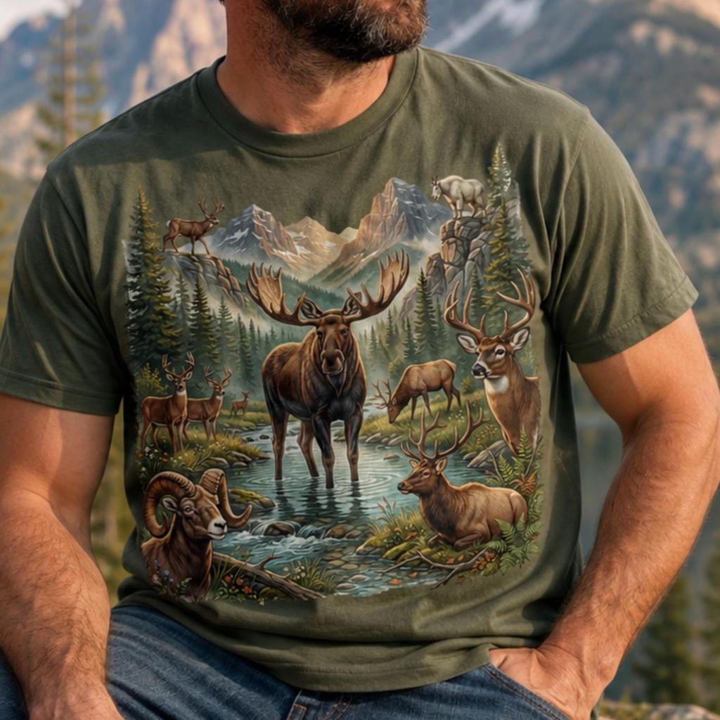 Wildlife mountain scene t-shirt, moose elk deer ram graphic tee, nature hiking shirt, outdoorsman gift, unisex soft cotton top