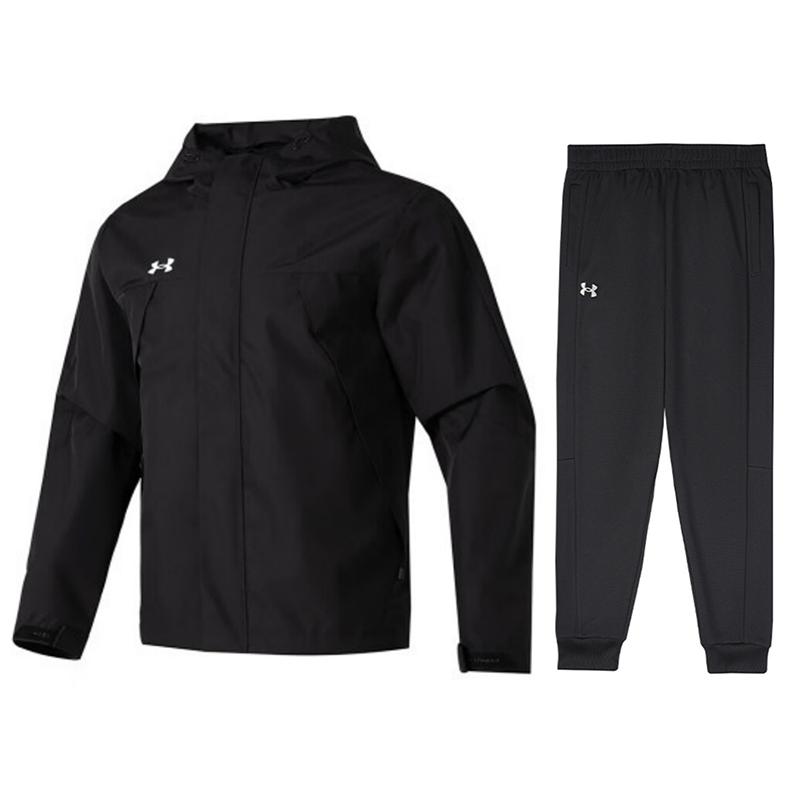 Under Armour Windproof Zip Jacket Running Fashion Comfortable Long Pants Casual Sports Suit Men Suit Black 23600401-001+24500703-001