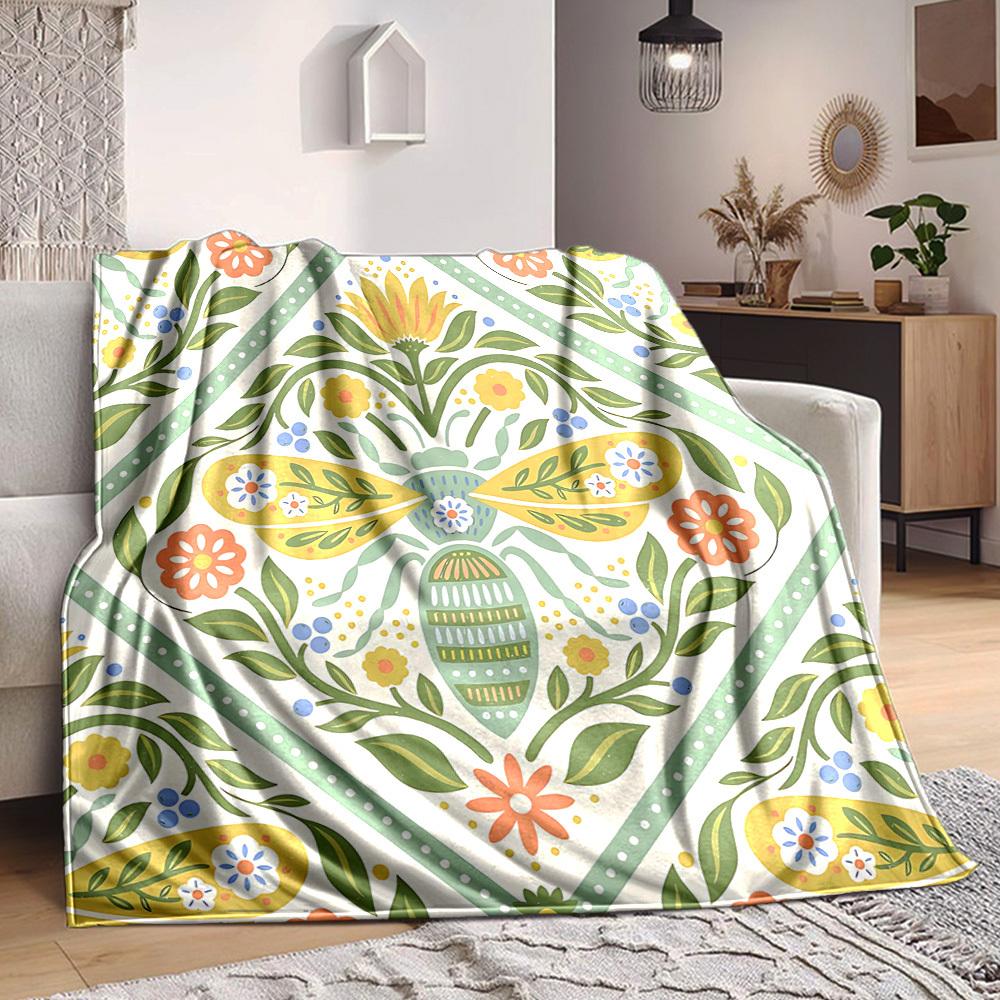 1pc Floral Bee Lightweight Flannel Blanket, Comfortable and Warm Blanket, for Office and Camping Sofa Bed139