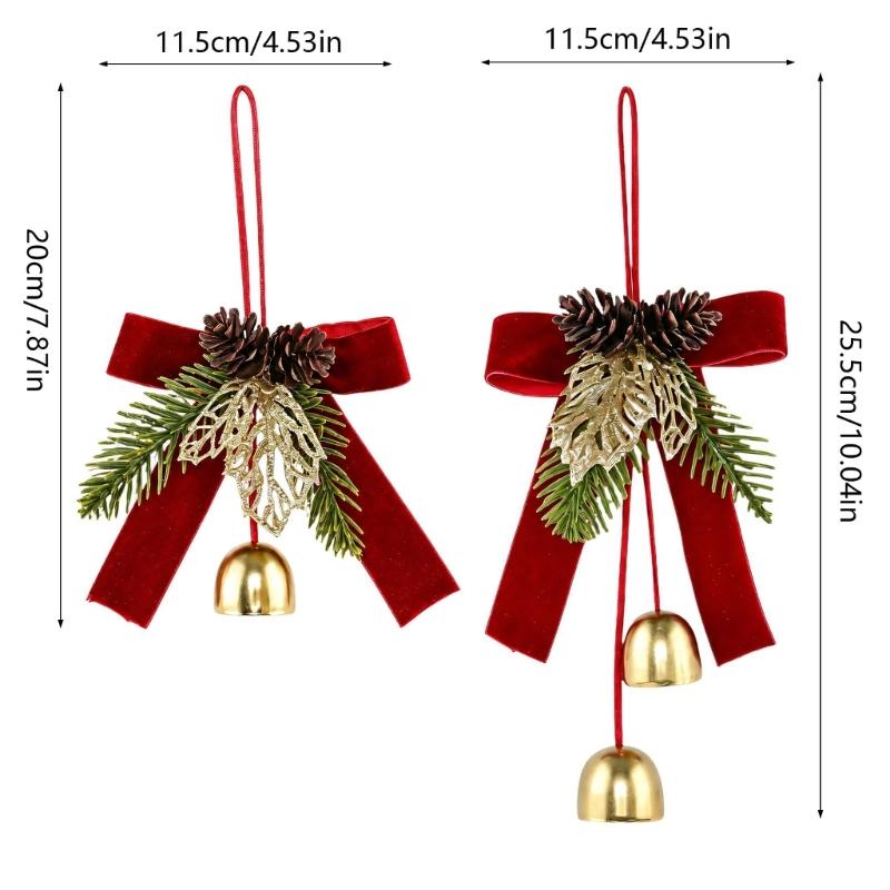 Christmas Tree Decoration Set of 4 Bowknot Bells Ornament with Pinecones, Foliage, Gilded Leaves, and Hanging Cord