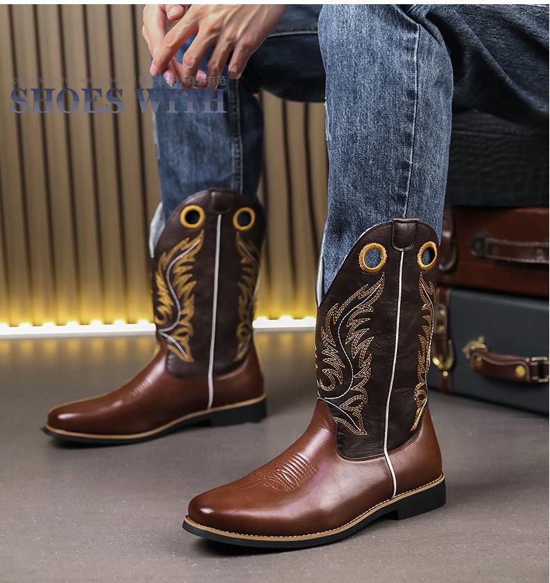 Мужские полусапоги Классические этнические вышитые ковбойские сапоги в западном стиле Дизайнерские сапоги рыцаря с квадратным носком Качественная кожа Повседневные сапоги