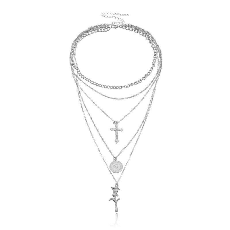 Fashion Cross-Border Sold Jewelry Fashion Cross Queen Head Pendant Necklace Female Elegant Multi-Layer Rose Necklace