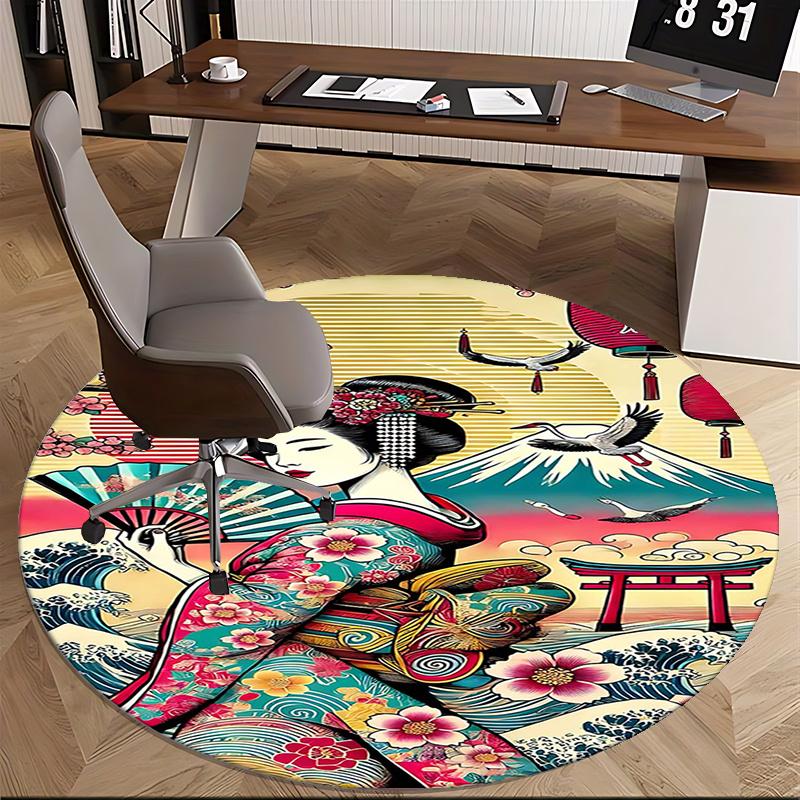 Japanese Geisha Artwork Chair mat Round Rug-Office carpet, Machine Washable, Non-slip, Suitable for Living Rooms, Bedrooms