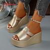 Fashion Aphixta Gold Sole 9cm High Heels Slides Peep ToeWedge Heels Slippers Women Platform Sandals Outside Gold Shoes Size 43