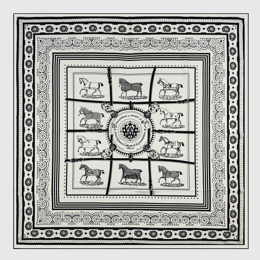 90cm Hand Rolled Horse Design Twill Silk Square Scarf Women Shawl Brand Hijab Scarf Foulard Head Scarves Design Bandana