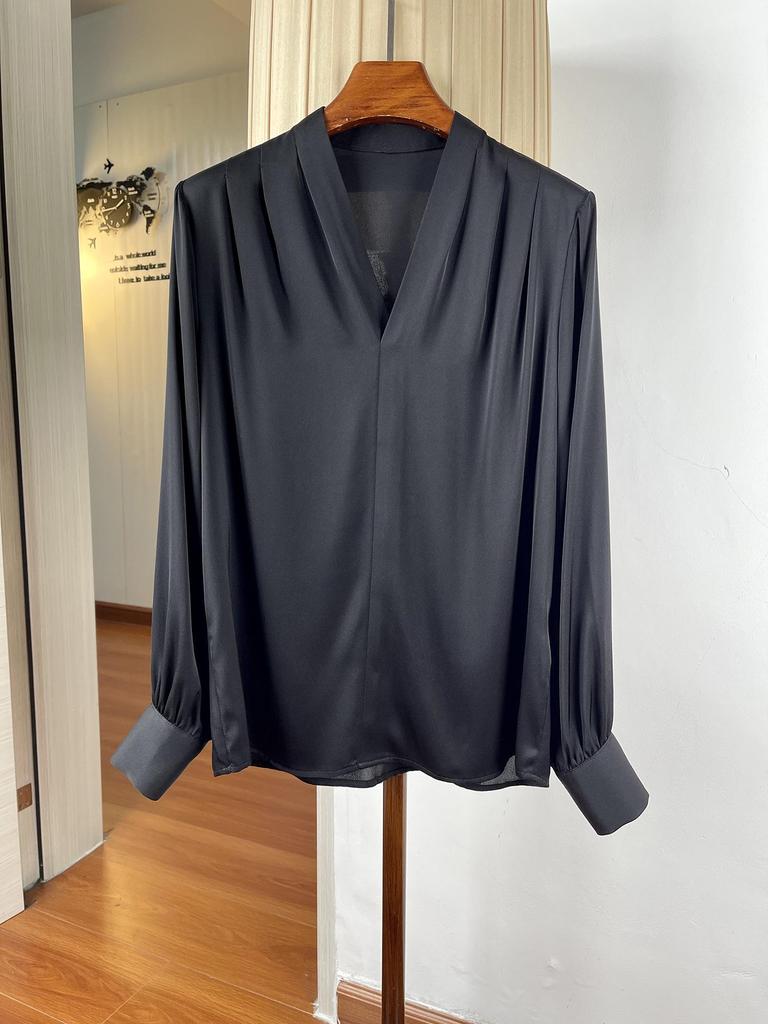 Женская элегантная шелковая рубашка-свитер с V-образным вырезом, длинный рукав, свободный крой, стройнящая, шелк-тусса, идеально подходит для весенне-летнего офиса.