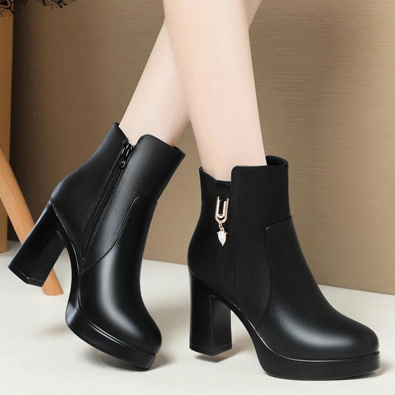 Autumn High Quality Genuine Leather Winter Boots Comfortable Warm Fur Women Ankle Boots High Heel Women's Booties Platform Shoes