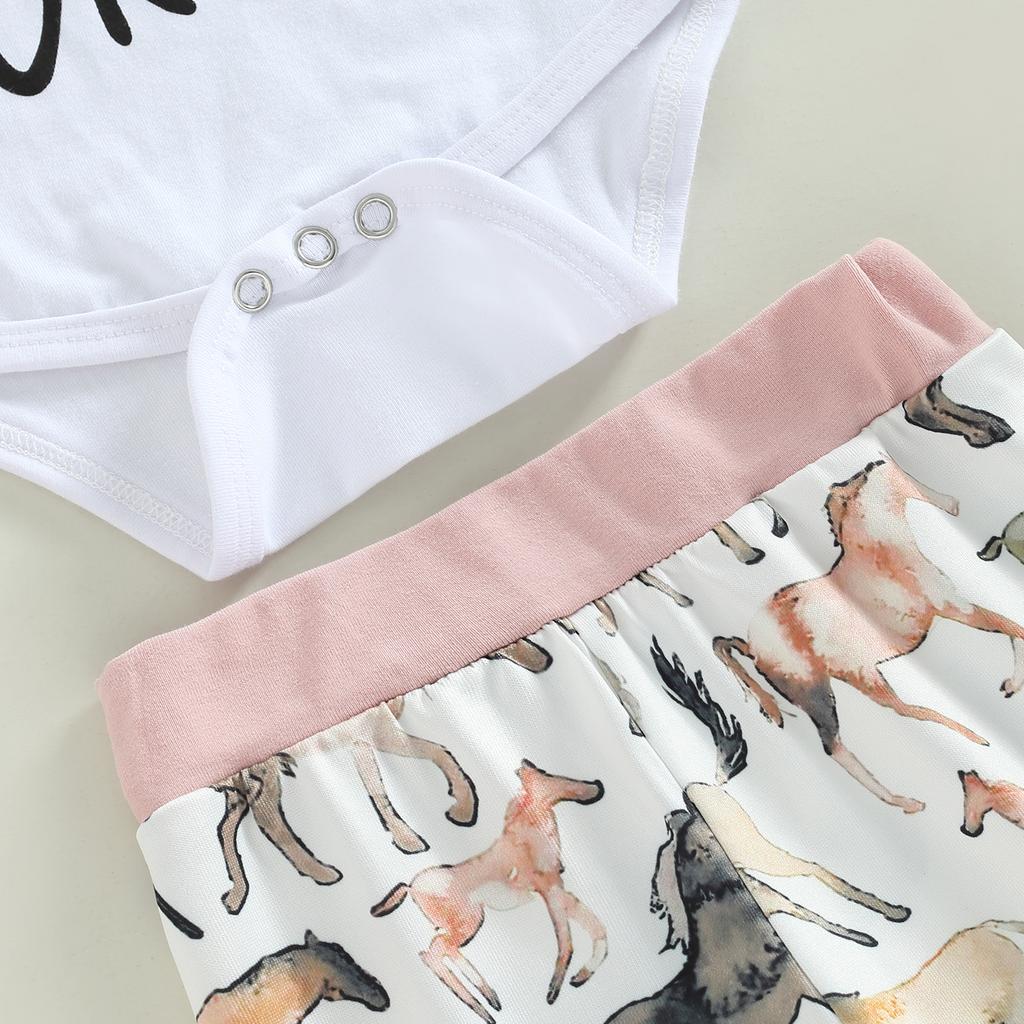 Infant Girl Autumn Jumpsuit Set, Long Sleeve Round Neck Letter Print Romper + Horse Pattern Pants + Hat