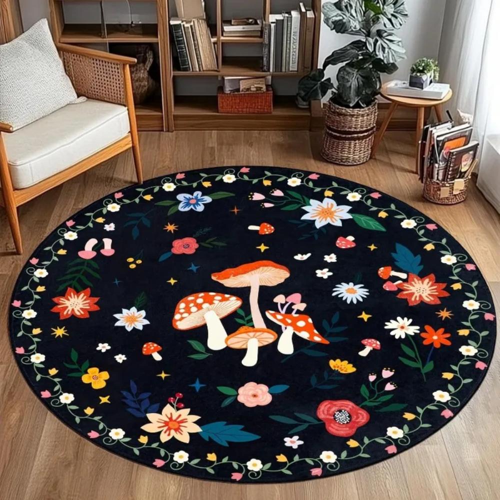 Whimsical Mushroom Themed Round Rug Soft Non Slip Floor Mat for Fantasy Kids Room Nursery Living Room Bedroom Playroom Carpet