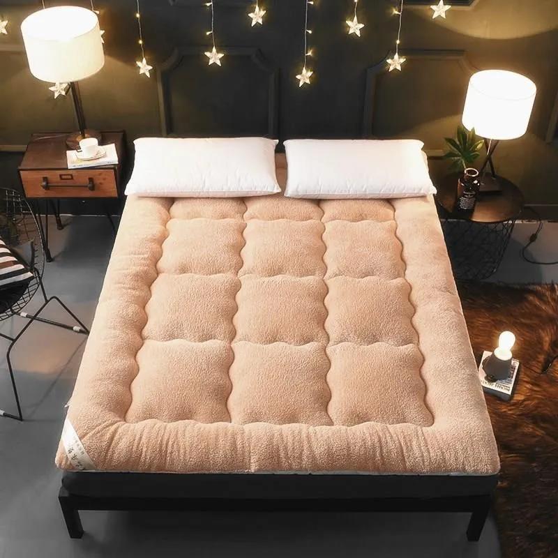 Мягкий матрас татами из кашемира ягненка - Складной топпер для односпальной/двуспальной кровати, Толстый теплый мат с ремнями для спальни